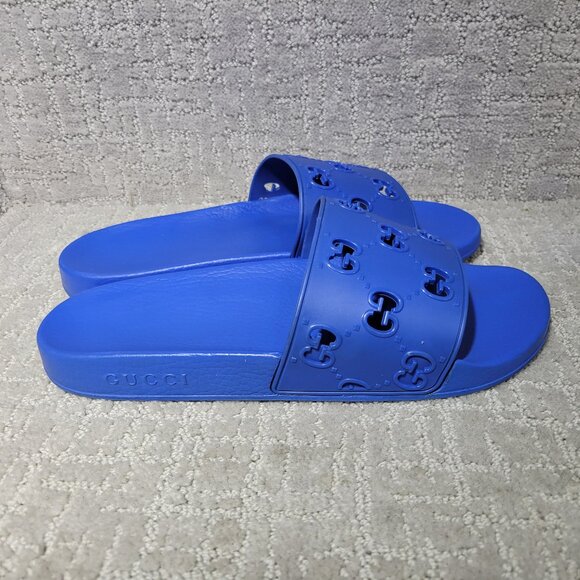 Gucci Pursuit Slide Men's Size US 10 Blue Rubber GG Perforated Sandals. - Picture 3 of 10